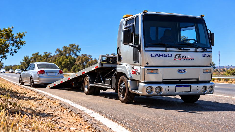 Prancha do guincho inclinada para carregar o veículo