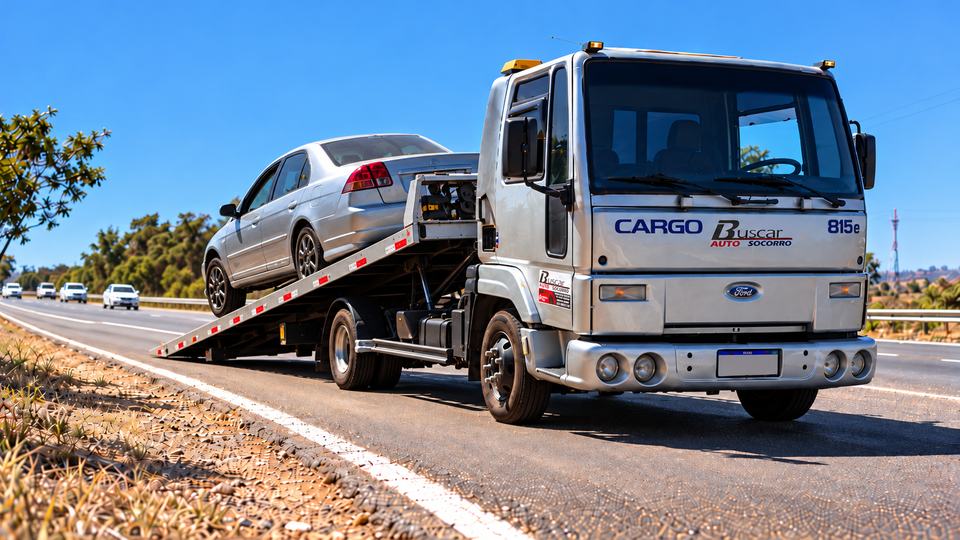 Carro subindo na plataforma do guincho Buscar Auto Socorro