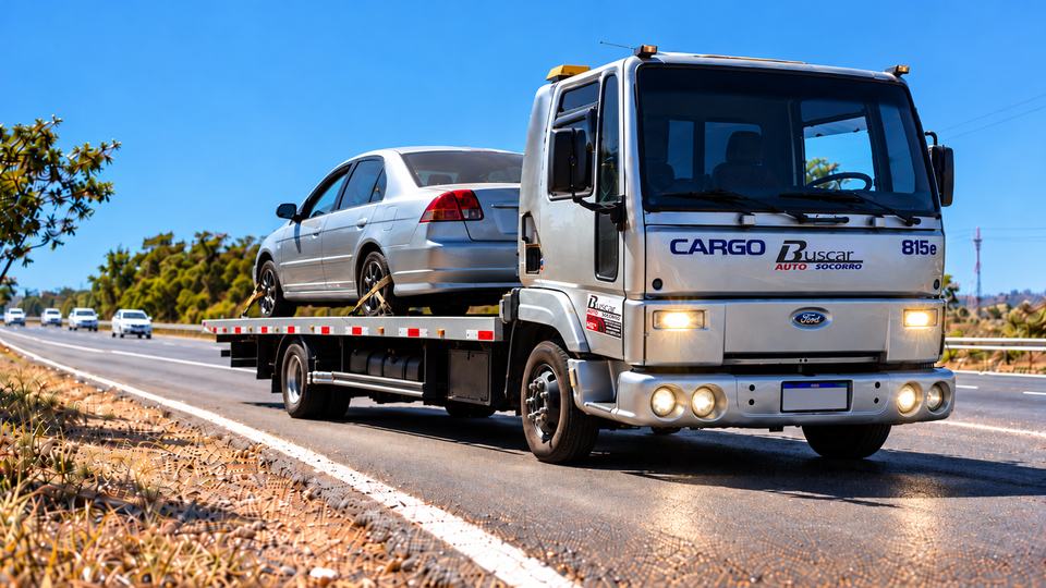 Veículo carregado e preso na plataforma do guincho Buscar Auto Socorro